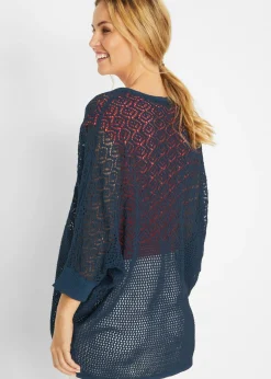 bonprix bonprix Chaqueta larga de punto con patrón calado Azul marino New