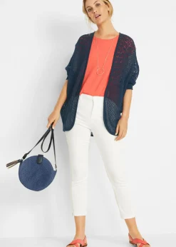 bonprix bonprix Chaqueta larga de punto con patrón calado Azul marino New