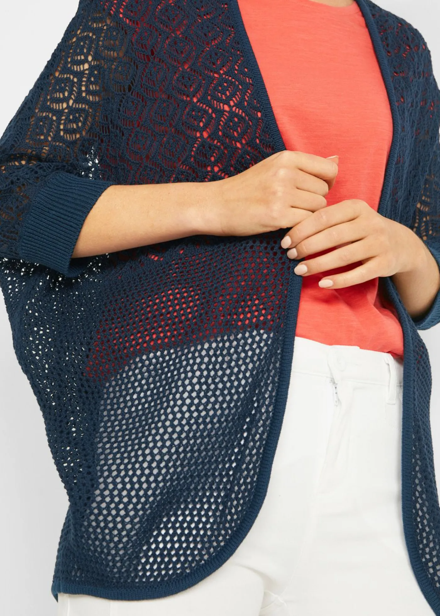 bonprix bonprix Chaqueta larga de punto con patrón calado Azul marino New