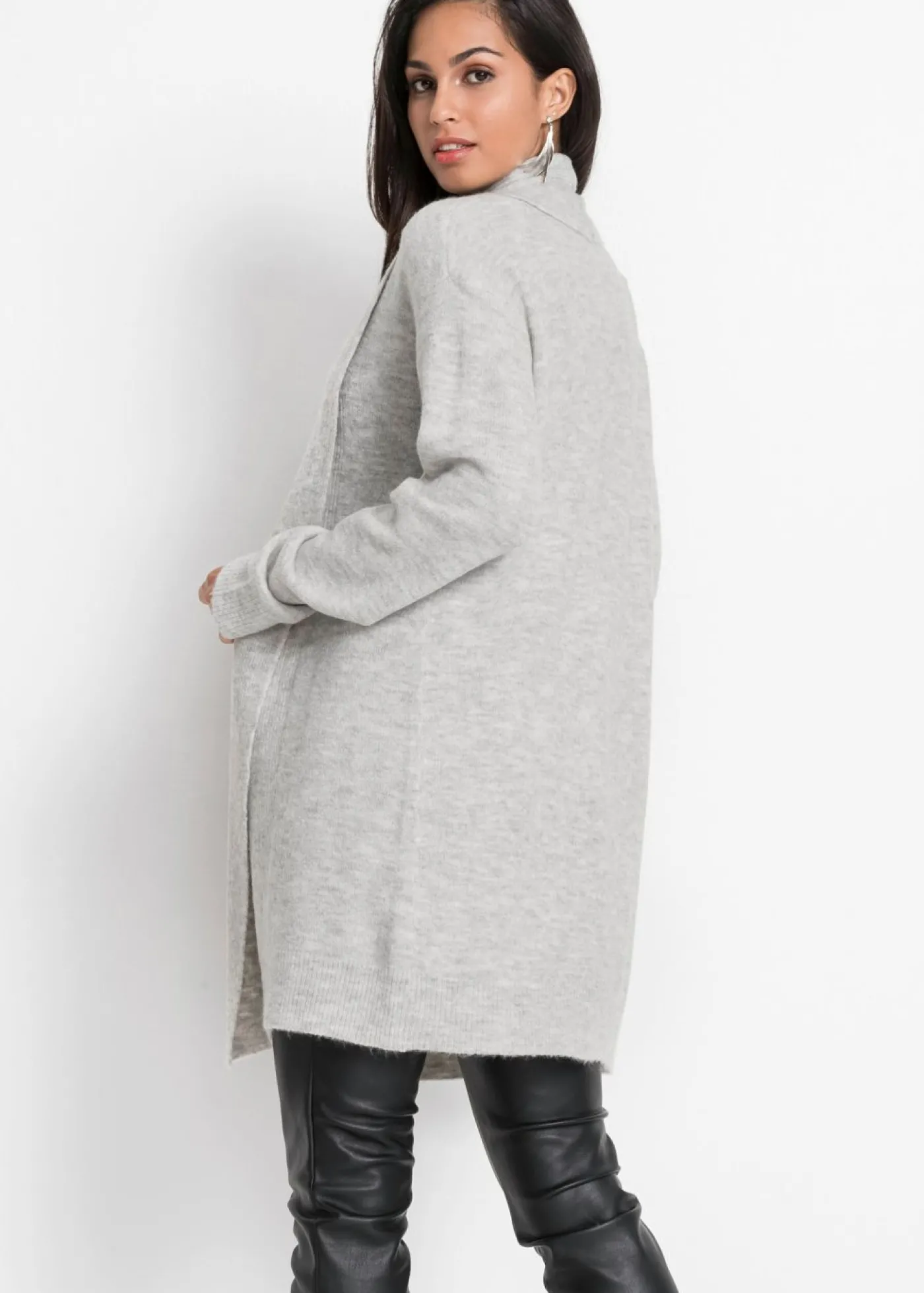 bonprix bonprix Chaqueta larga de punto con cuello tipo chal Gris claro moteado Outlet