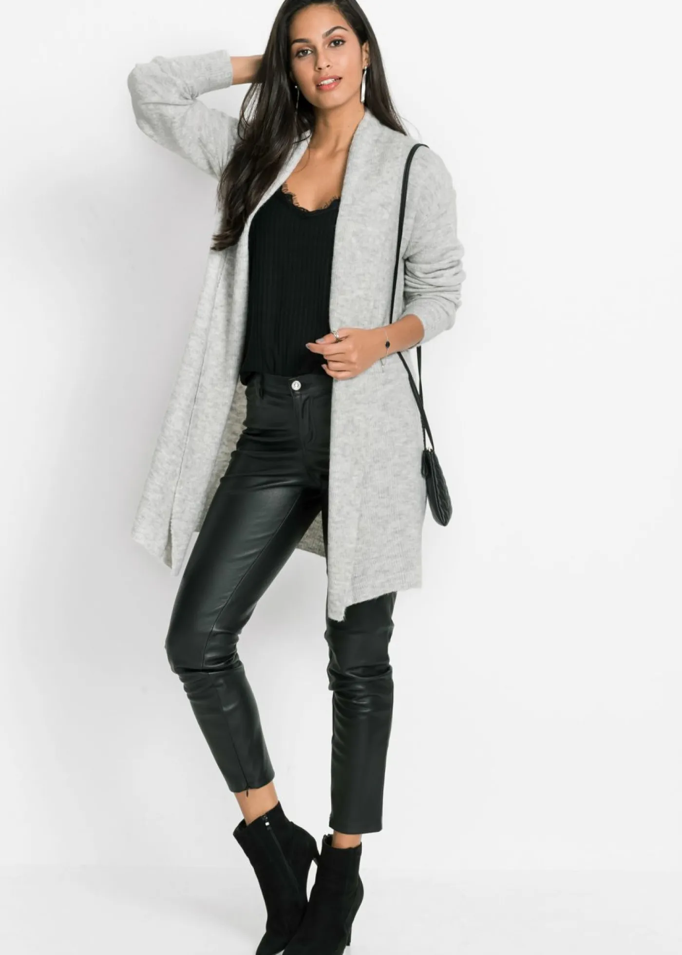 bonprix bonprix Chaqueta larga de punto con cuello tipo chal Gris claro moteado Outlet