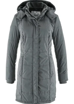 bonprix bonprix Chaqueta larga guateada con cuello y capucha Gris humo Discount