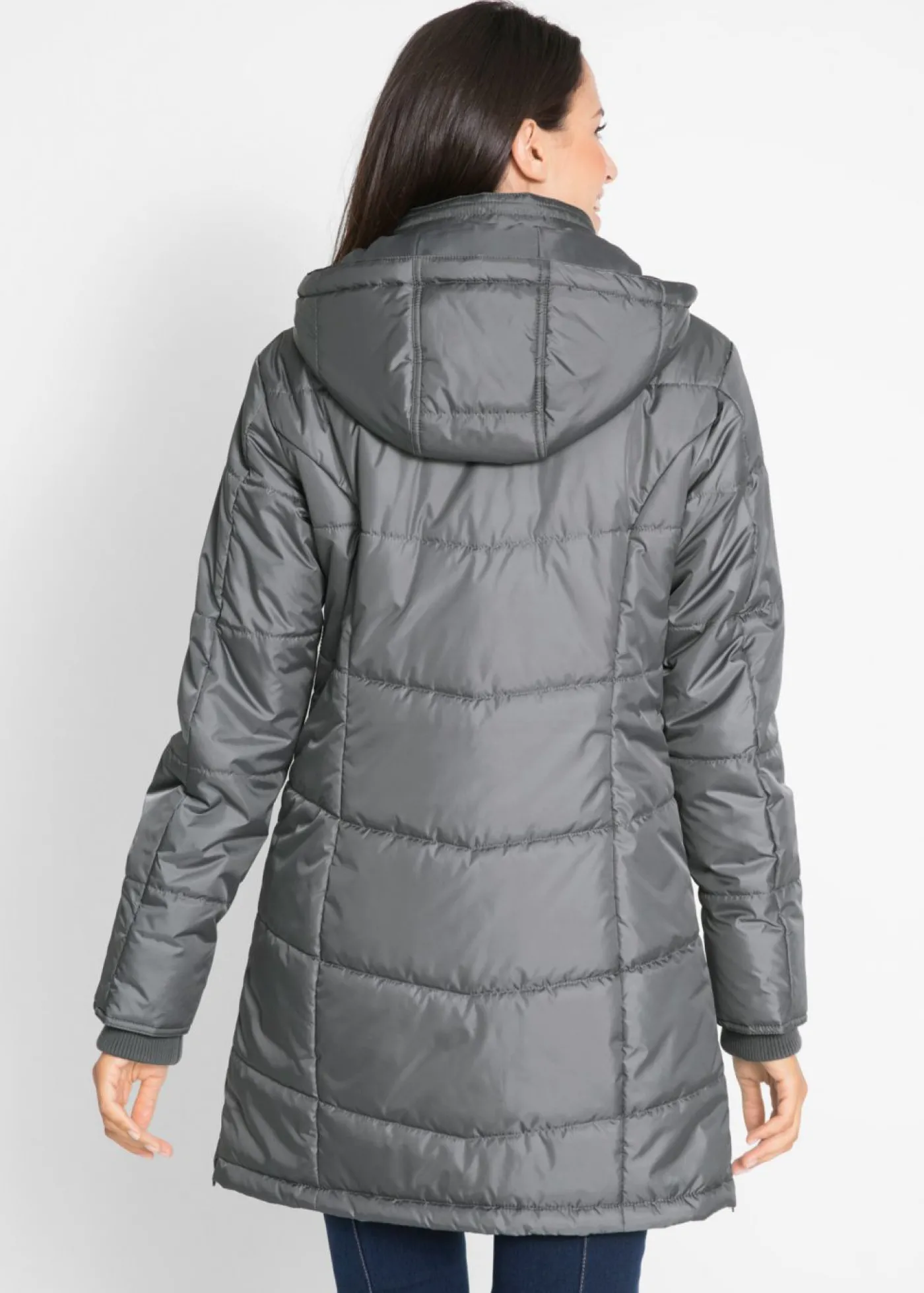 bonprix bonprix Chaqueta larga guateada con cuello y capucha Gris humo Discount