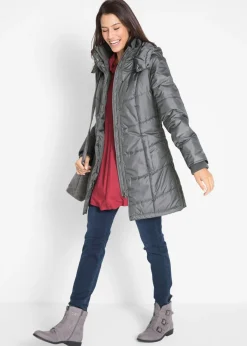 bonprix bonprix Chaqueta larga guateada con cuello y capucha Gris humo Discount