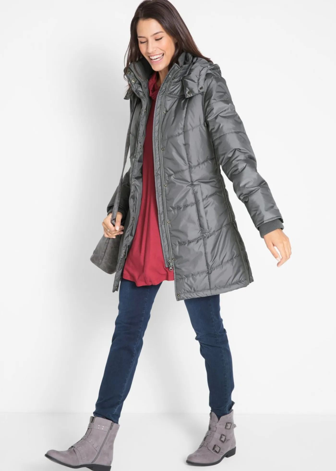 bonprix bonprix Chaqueta larga guateada con cuello y capucha Gris humo Discount