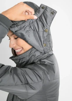 bonprix bonprix Chaqueta larga guateada con cuello y capucha Gris humo Discount
