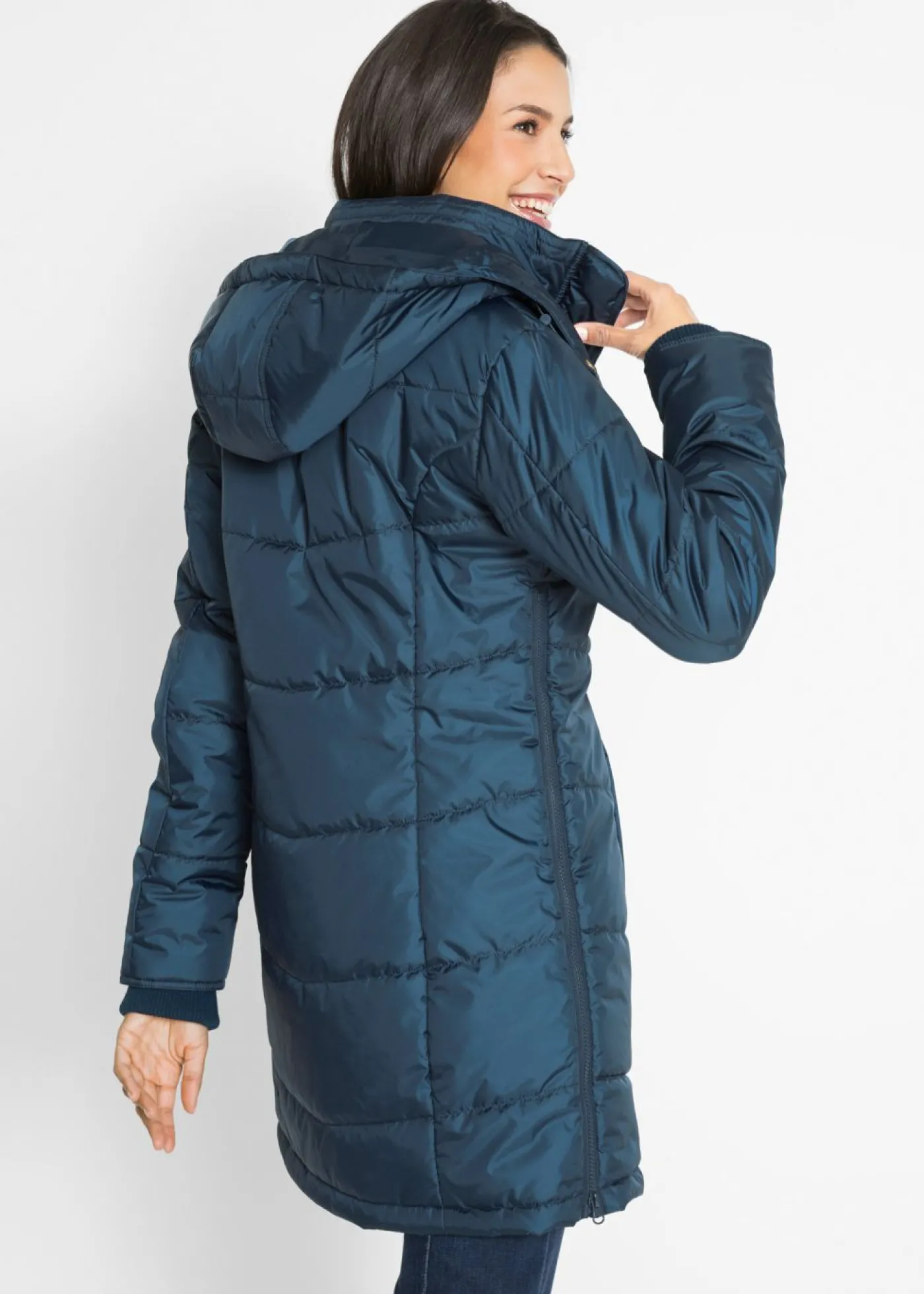 bonprix bonprix Chaqueta larga guateada con cuello y capucha Azul marino Discount