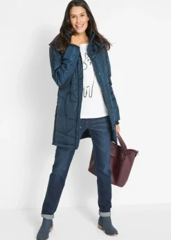 bonprix bonprix Chaqueta larga guateada con cuello y capucha Azul marino Discount