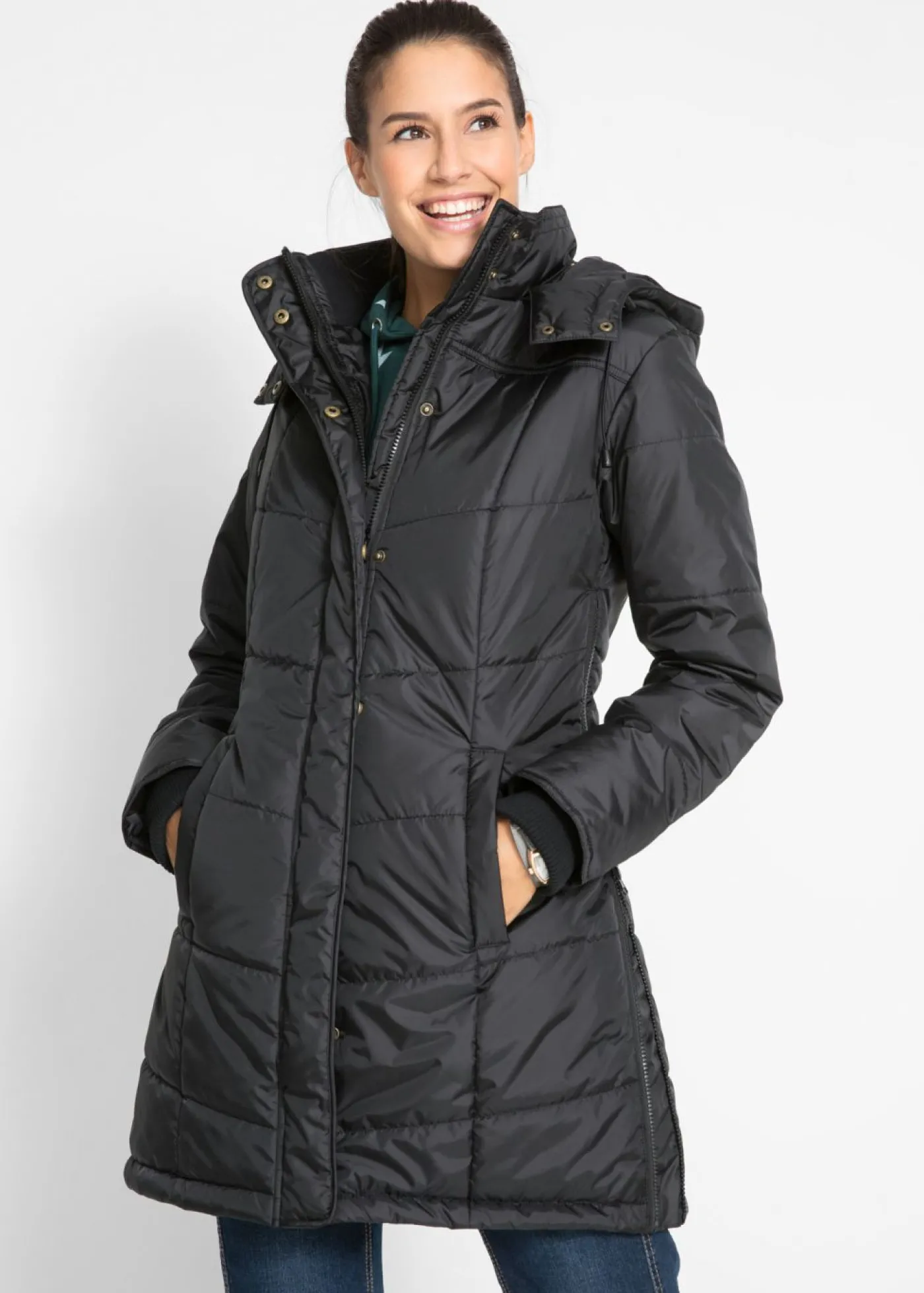 bonprix bonprix Chaqueta larga guateada con cuello y capucha Negro Outlet