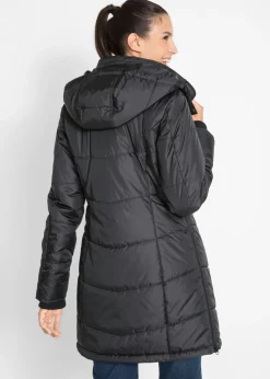 bonprix bonprix Chaqueta larga guateada con cuello y capucha Negro Outlet