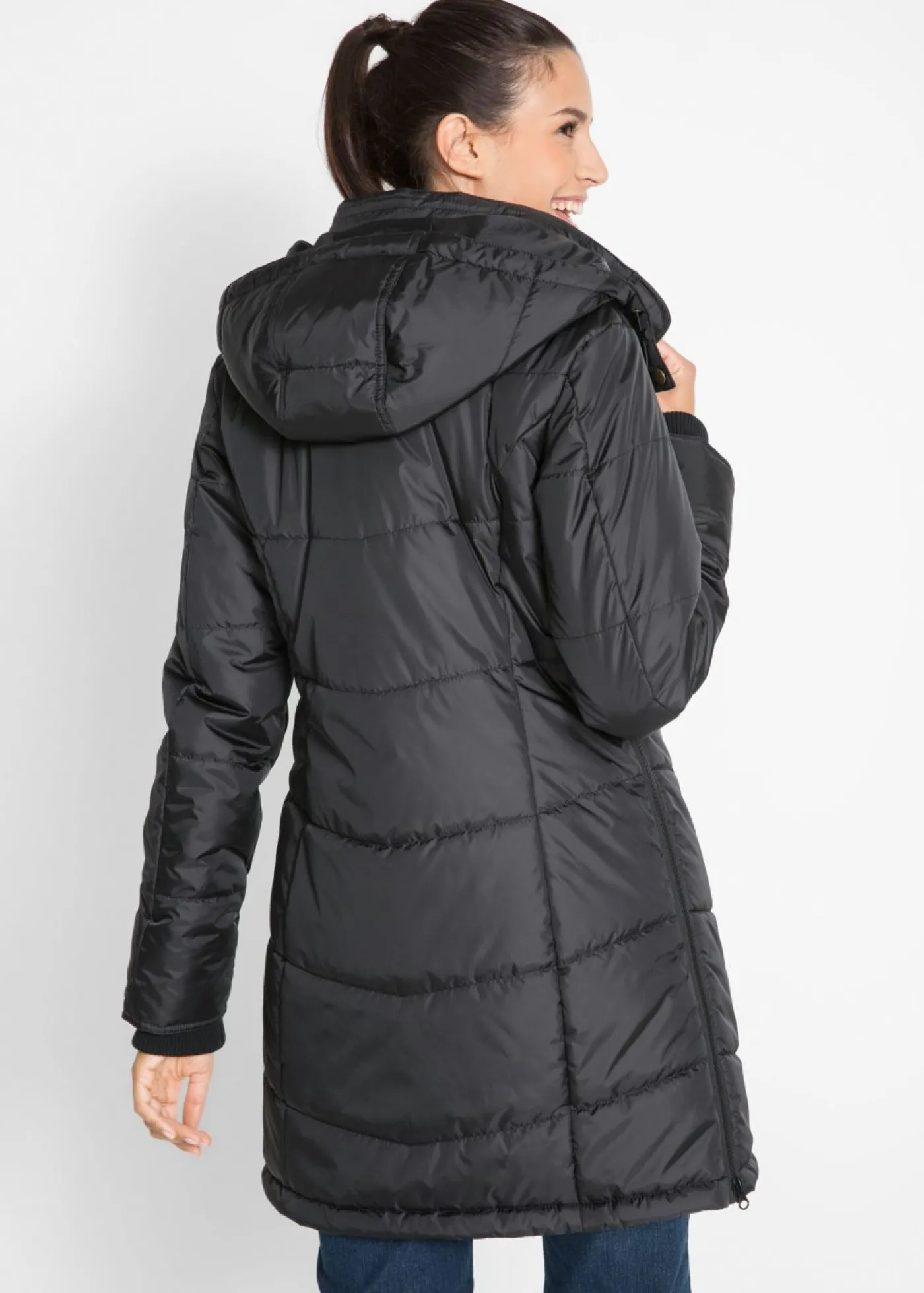 bonprix bonprix Chaqueta larga guateada con cuello y capucha Negro Outlet