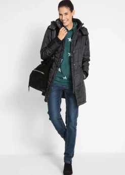 bonprix bonprix Chaqueta larga guateada con cuello y capucha Negro Outlet