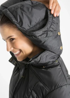 bonprix bonprix Chaqueta larga guateada con cuello y capucha Negro Outlet