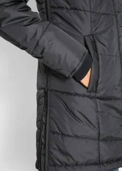 bonprix bonprix Chaqueta larga guateada con cuello y capucha Negro Outlet