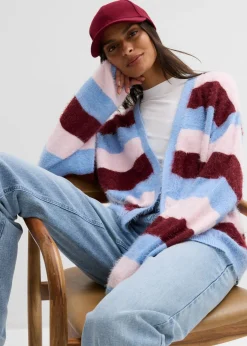 bonprix bonprix Chaqueta oversize de punto rosa claro-rojo rubí-azul claro con rayas Outlet