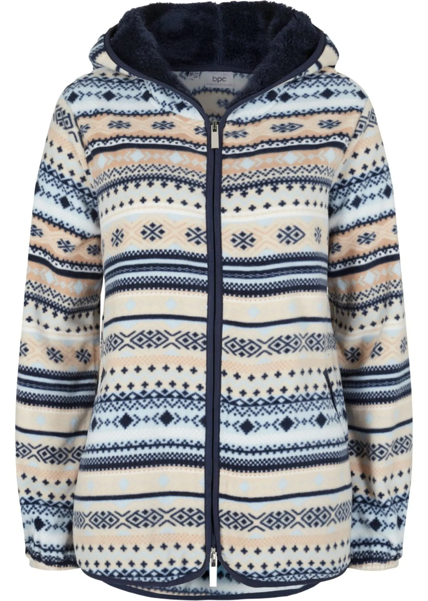 bonprix bonprix Chaqueta polar con capucha y estampado noruego gris guijarro/blanco Discount