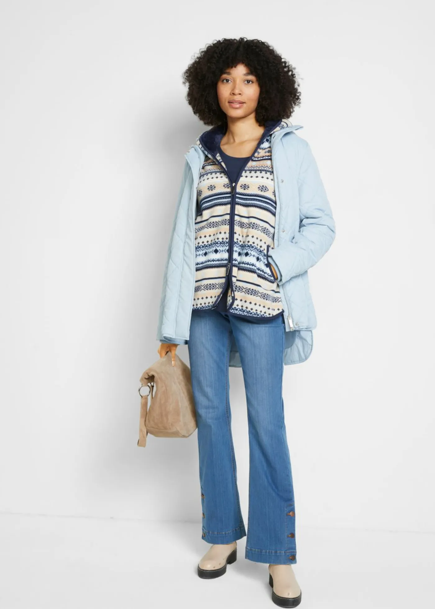 bonprix bonprix Chaqueta polar con capucha y estampado noruego gris guijarro/blanco Discount
