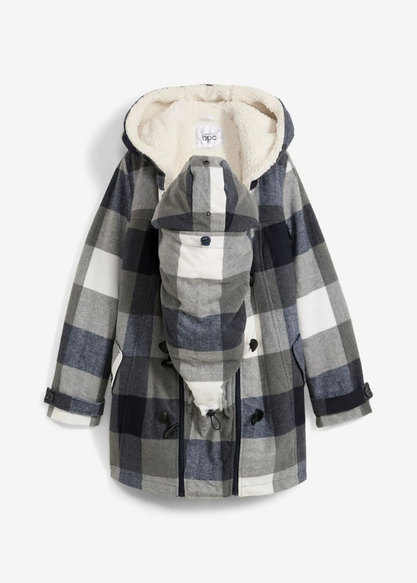 bonprix bonprix Chaqueta premamá de lana con forro de peluche/chaqueta de porteo Azul oscuro-gris de cuadros Clearance