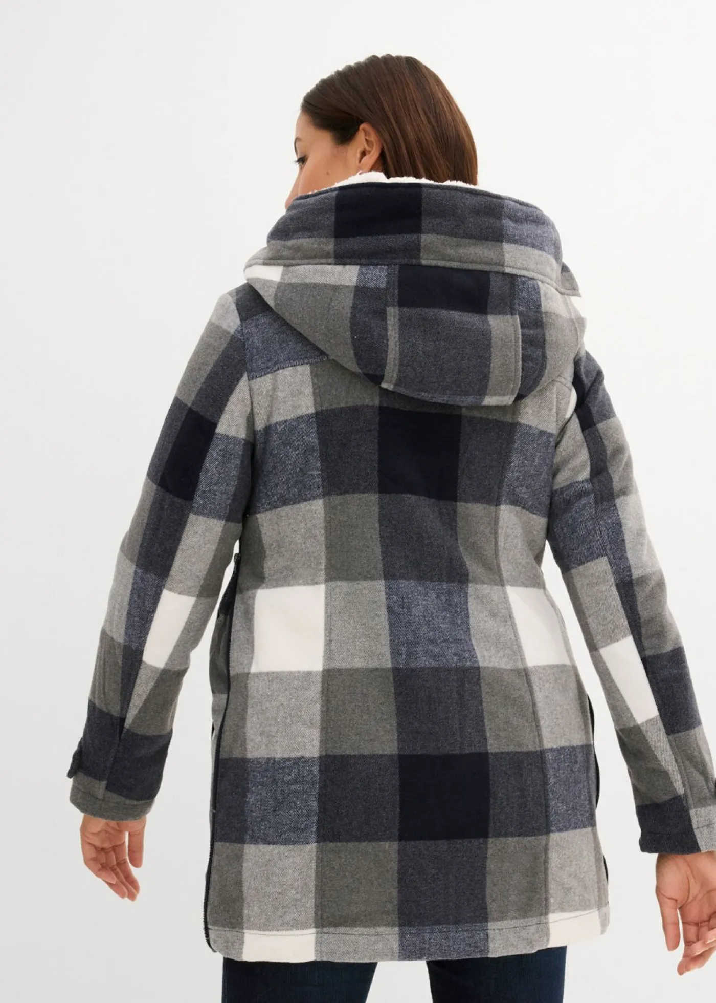 bonprix bonprix Chaqueta premamá de lana con forro de peluche/chaqueta de porteo Azul oscuro-gris de cuadros Clearance
