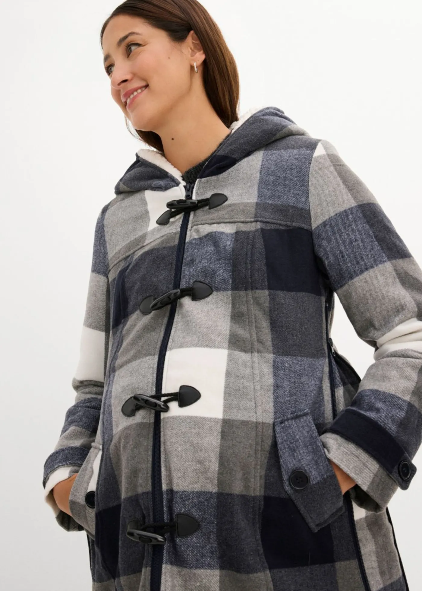 bonprix bonprix Chaqueta premamá de lana con forro de peluche/chaqueta de porteo Azul oscuro-gris de cuadros Clearance