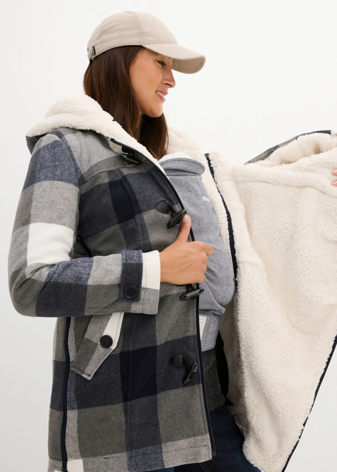 bonprix bonprix Chaqueta premamá de lana con forro de peluche/chaqueta de porteo Azul oscuro-gris de cuadros Clearance