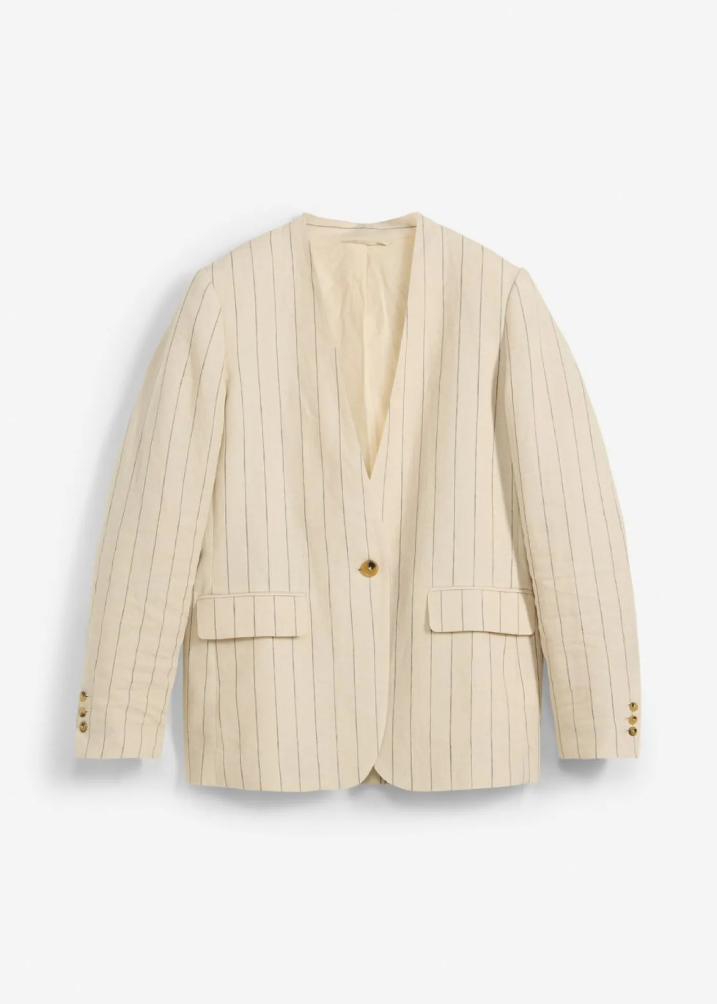 bonprix bonprix Chaqueta sin cuello de lino puro arena claro con rayas Clearance