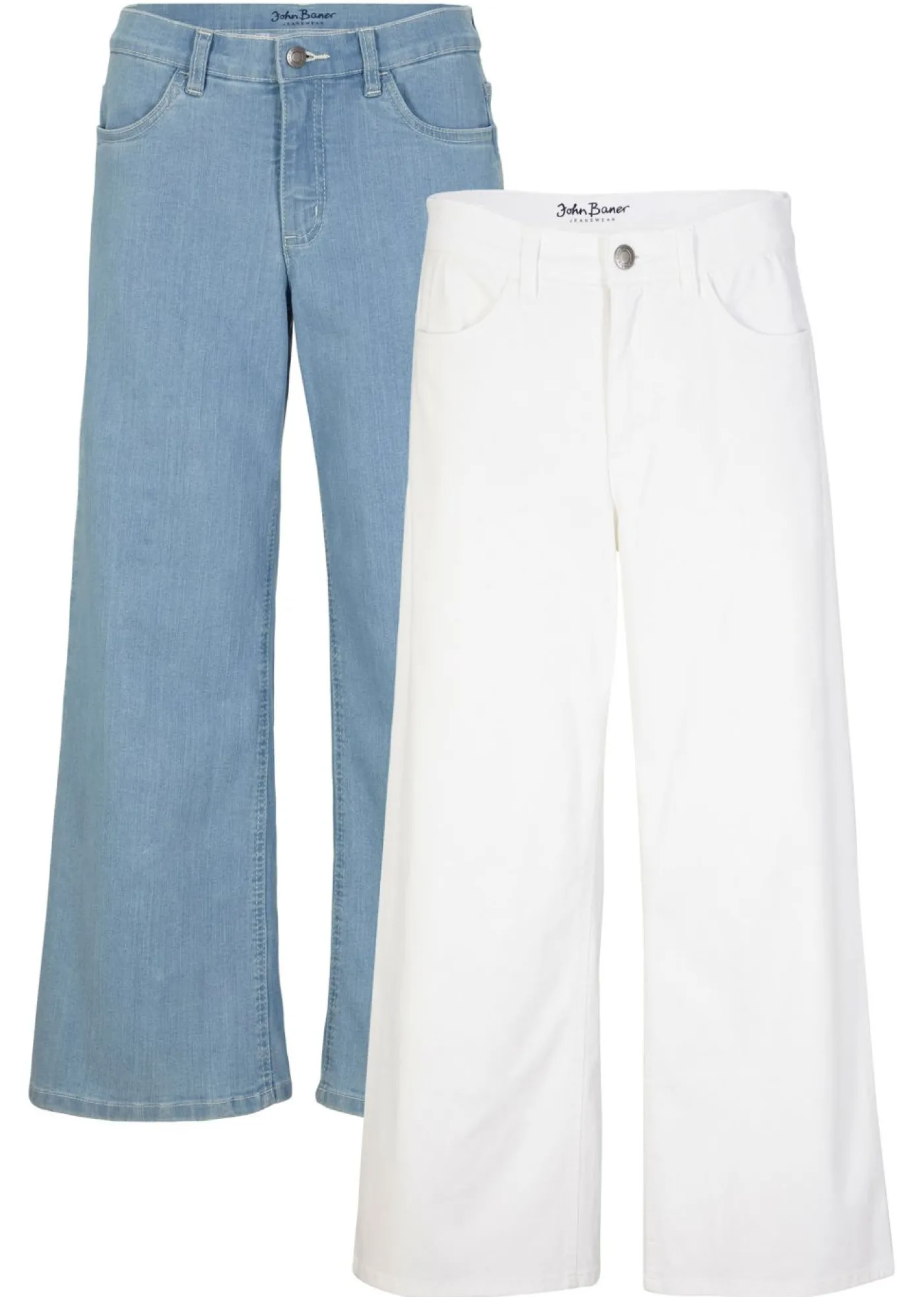 bonprix bonprix Cómodos vaqueros elásticos de corte capri (2 unidades) Denim azul hielo-blanco Discount