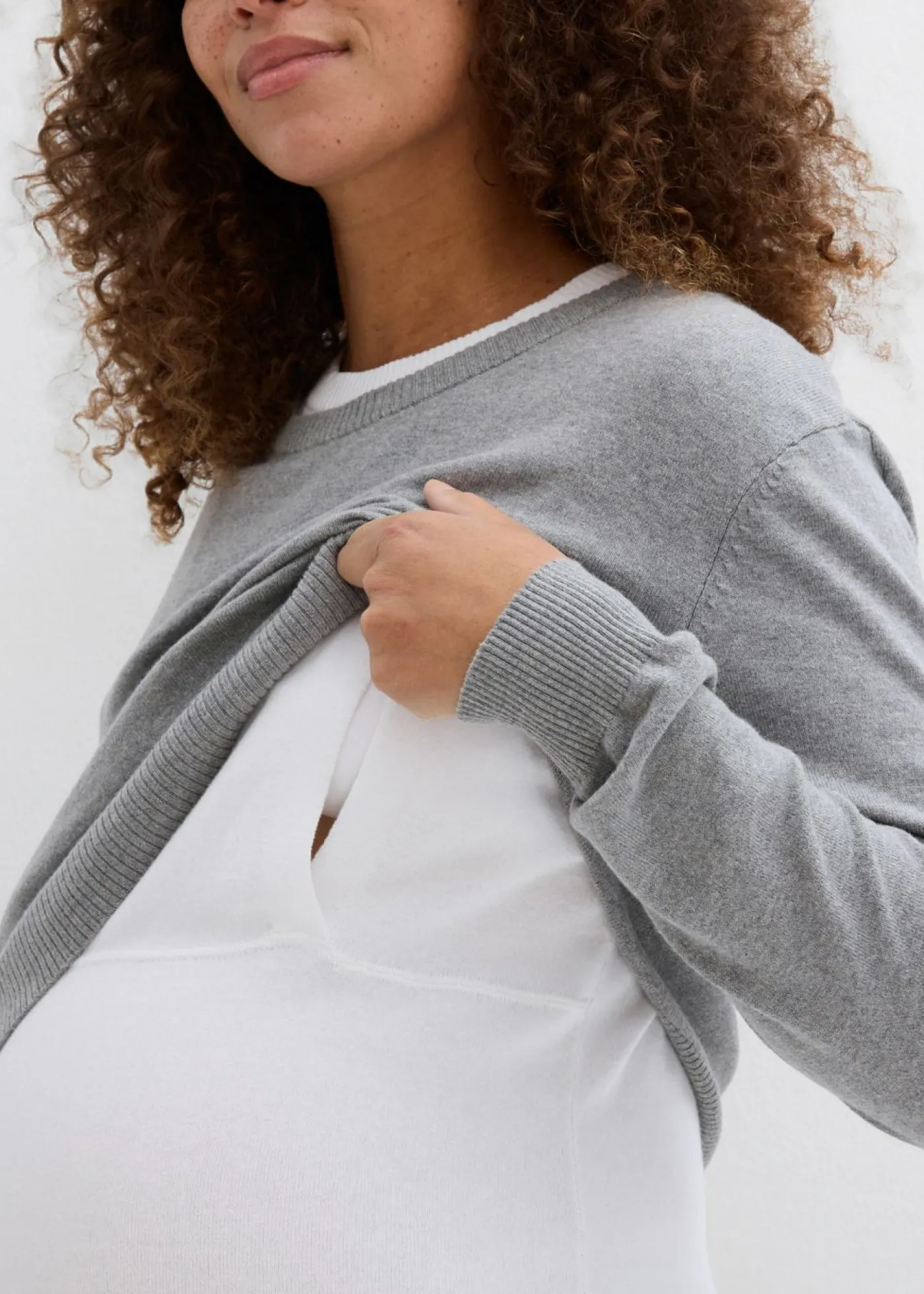 bonprix bonprix Conjunto 3 en 1 compuesto por jersey premamá y top de lactancia de punto de algodón gris claro-blanco moteado