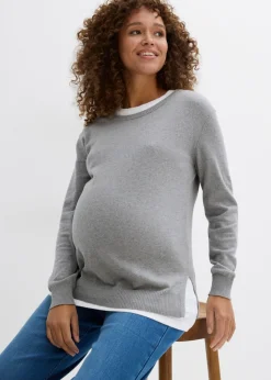 bonprix bonprix Conjunto 3 en 1 compuesto por jersey premamá y top de lactancia de punto de algodón gris claro-blanco moteado