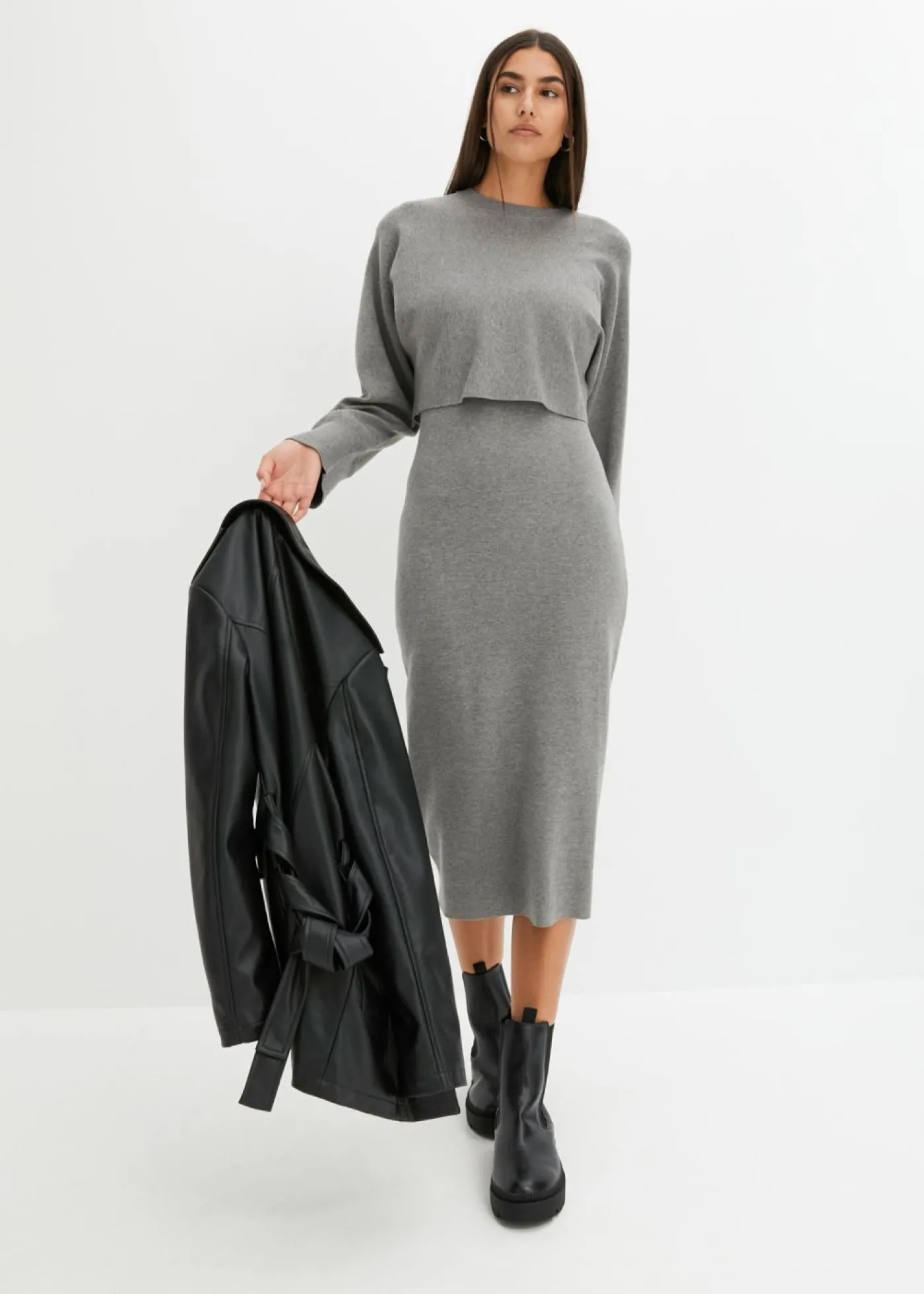 bonprix bonprix Conjunto de vestido de punto (2 piezas) Gris jaspeado Outlet