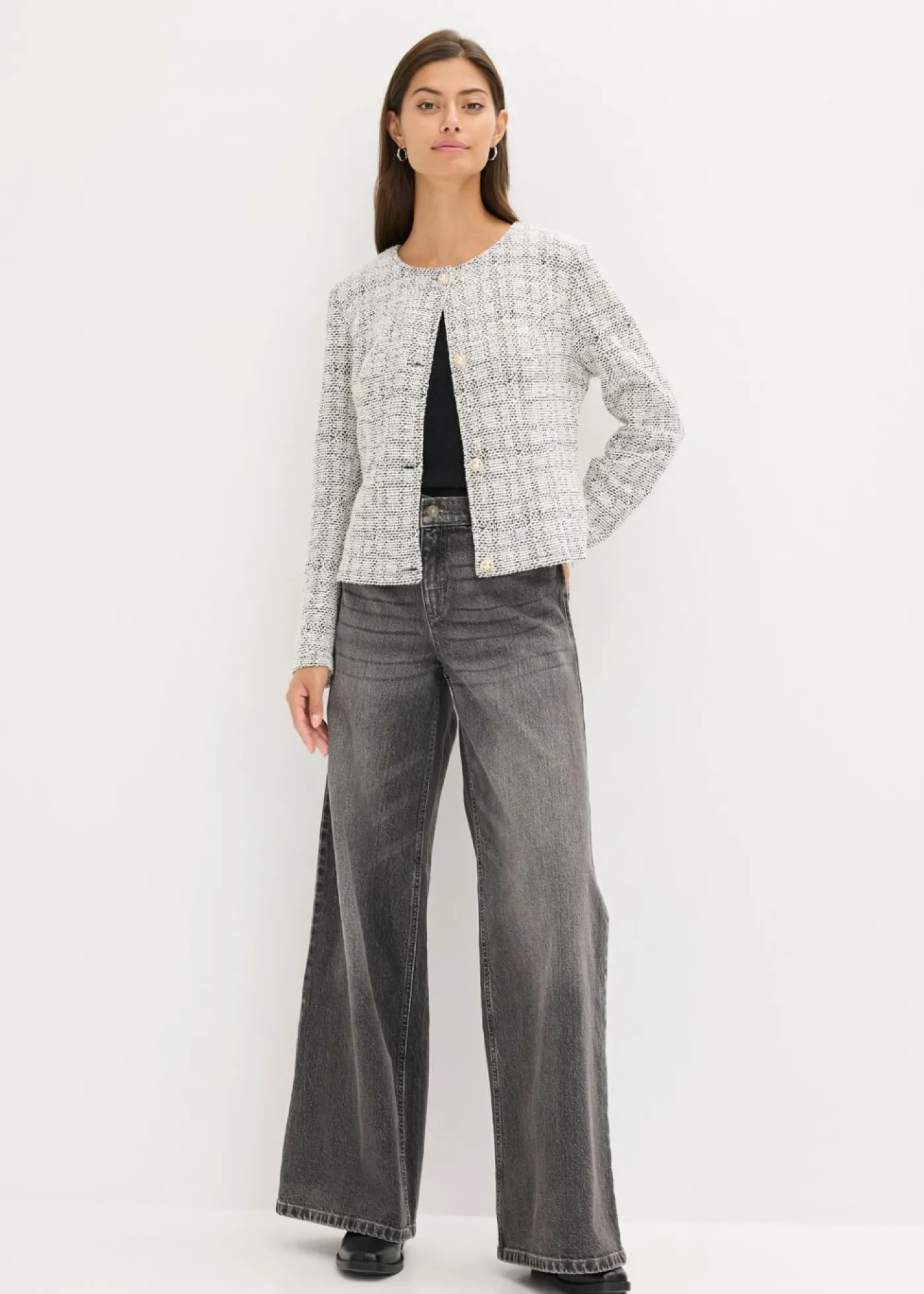 bonprix bonprix Cárdigan de bouclé de algodón negro - blanco moteado Online