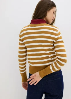 bonprix bonprix Cárdigan de punto fino con rayas avellana-blanco lana con rayas Clearance