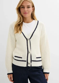 bonprix bonprix Cárdigan de punto grueso de mezcla de algodón Blanco lana/azul marino Best