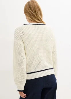 bonprix bonprix Cárdigan de punto grueso de mezcla de algodón Blanco lana/azul marino Best