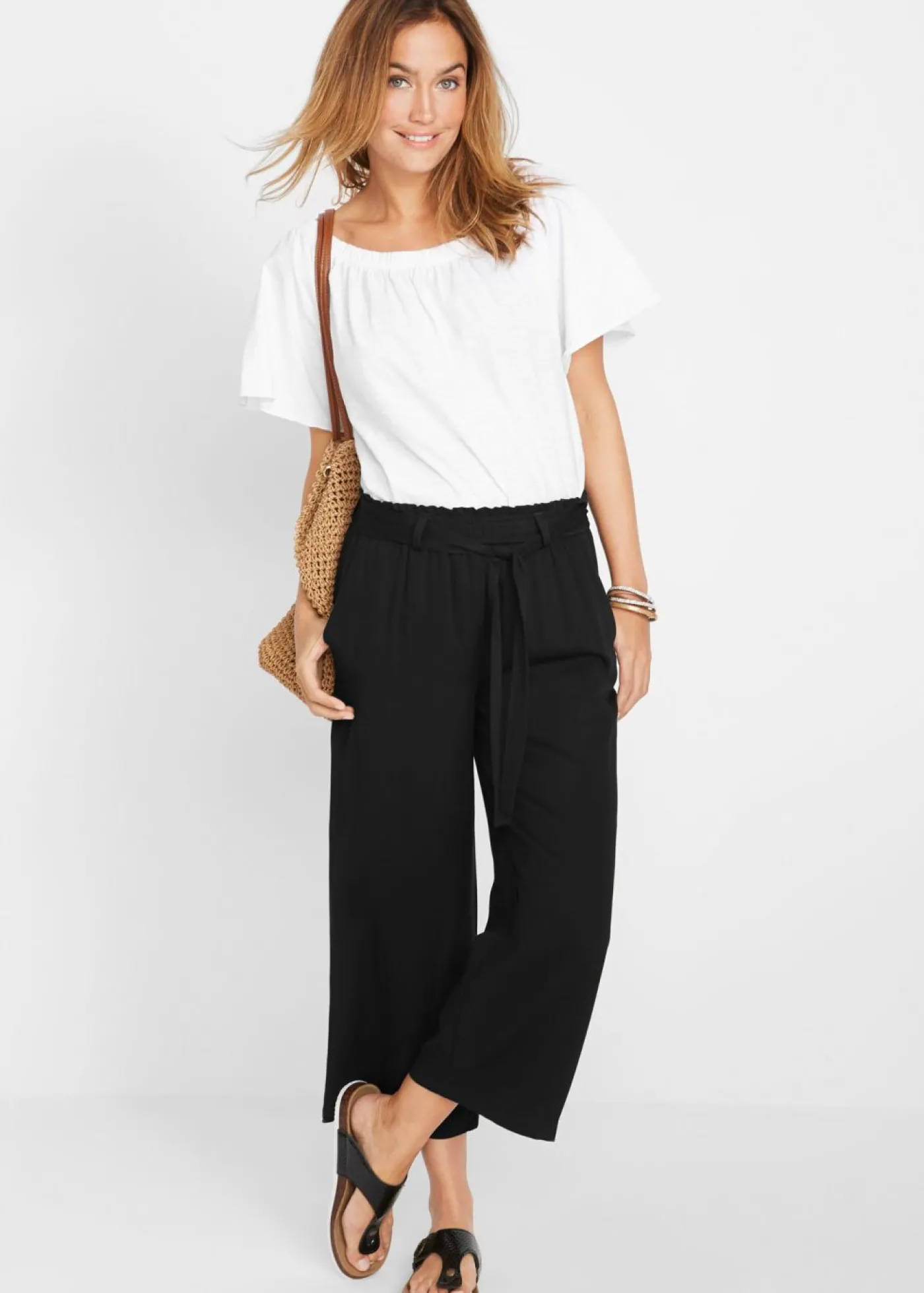 bonprix bonprix Culotte de viscosa con cinturón Negro Hot