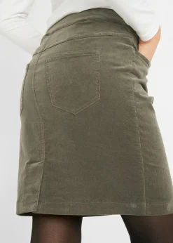 bonprix bonprix Falda de algodón de pana, elástica, con cintura cómoda Verde oliva oscuro Online