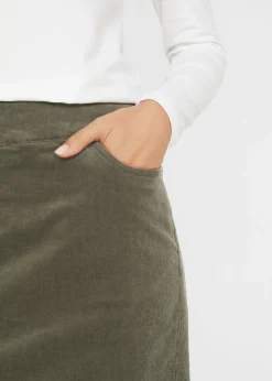 bonprix bonprix Falda de algodón de pana, elástica, con cintura cómoda Verde oliva oscuro Online