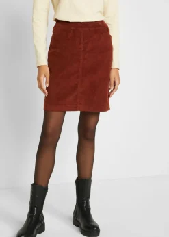 bonprix bonprix Falda de algodón de pana, elástica, con cintura cómoda Marrón caoba