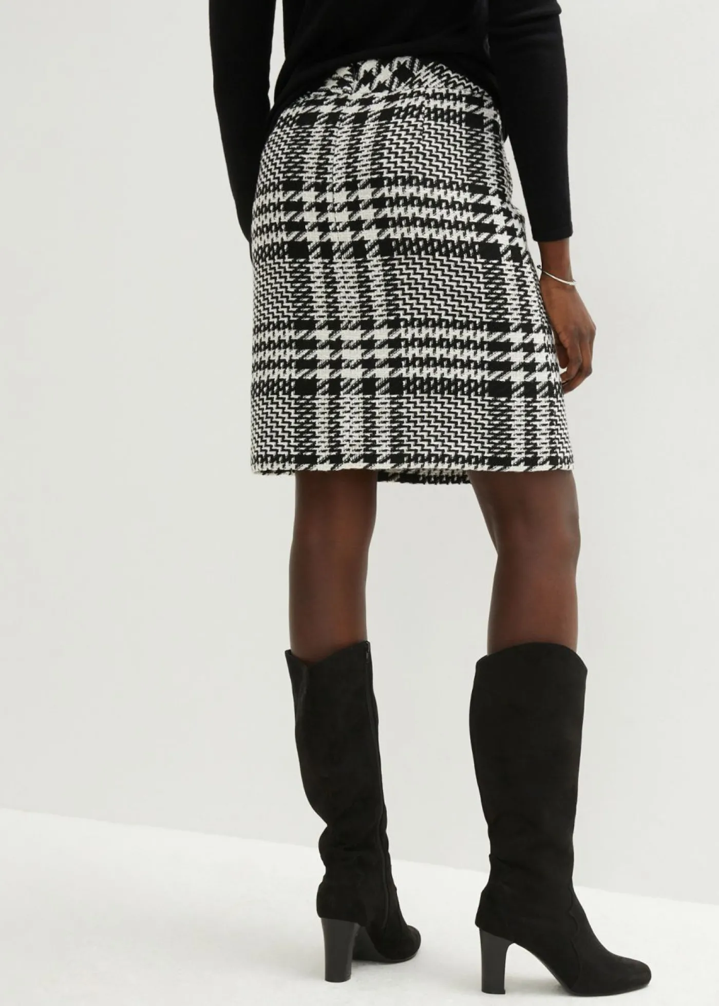 bonprix bonprix Falda de bouclé suave Negro-blanco lana a cuadros Clearance