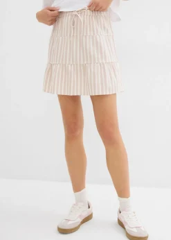 bonprix bonprix Falda de capas de mezcla vaporosa de lino beige almendra-blanco lana con rayas