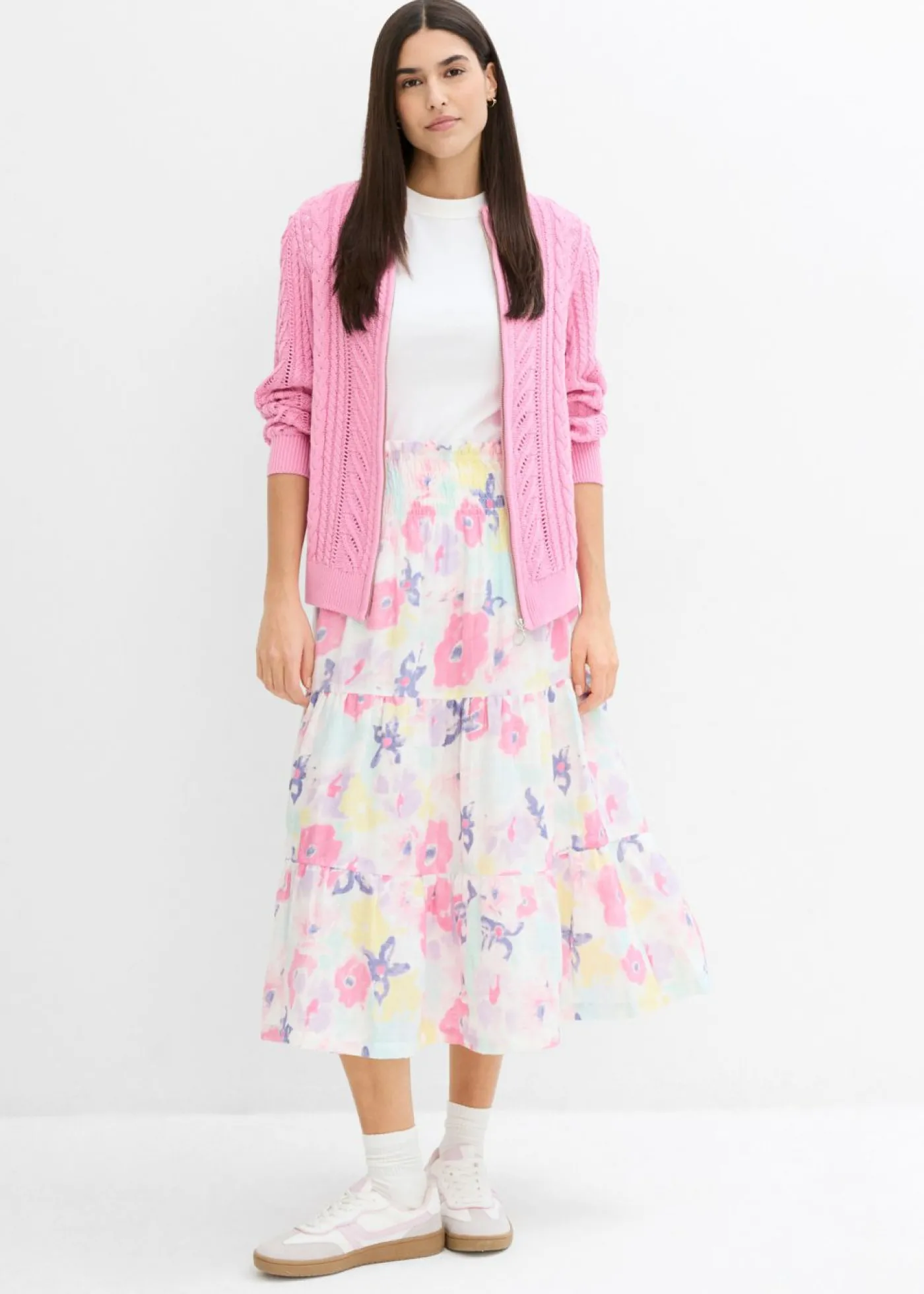 bonprix bonprix Falda de capas de muselina rosa flamenco con flores Sale