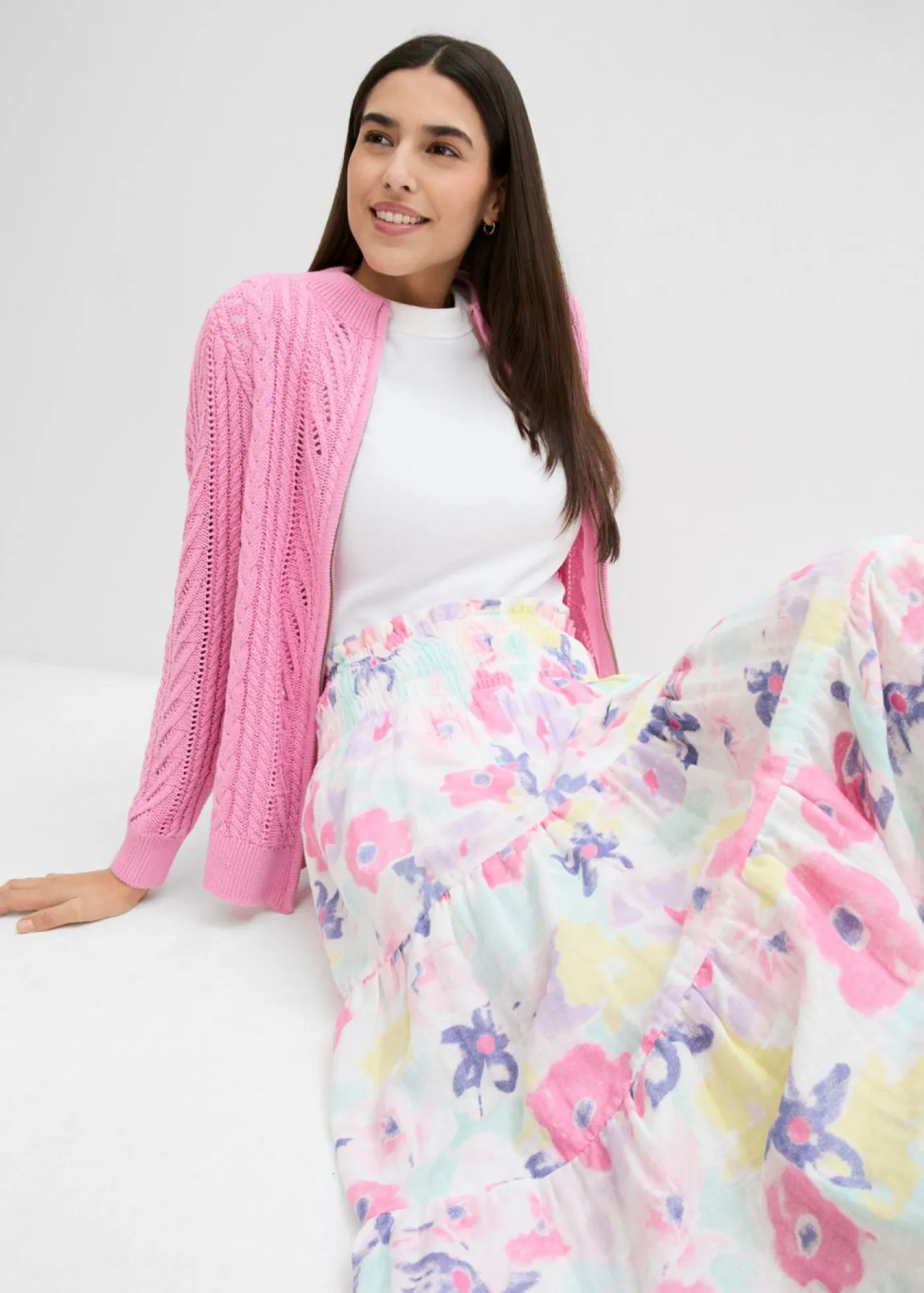 bonprix bonprix Falda de capas de muselina rosa flamenco con flores Sale
