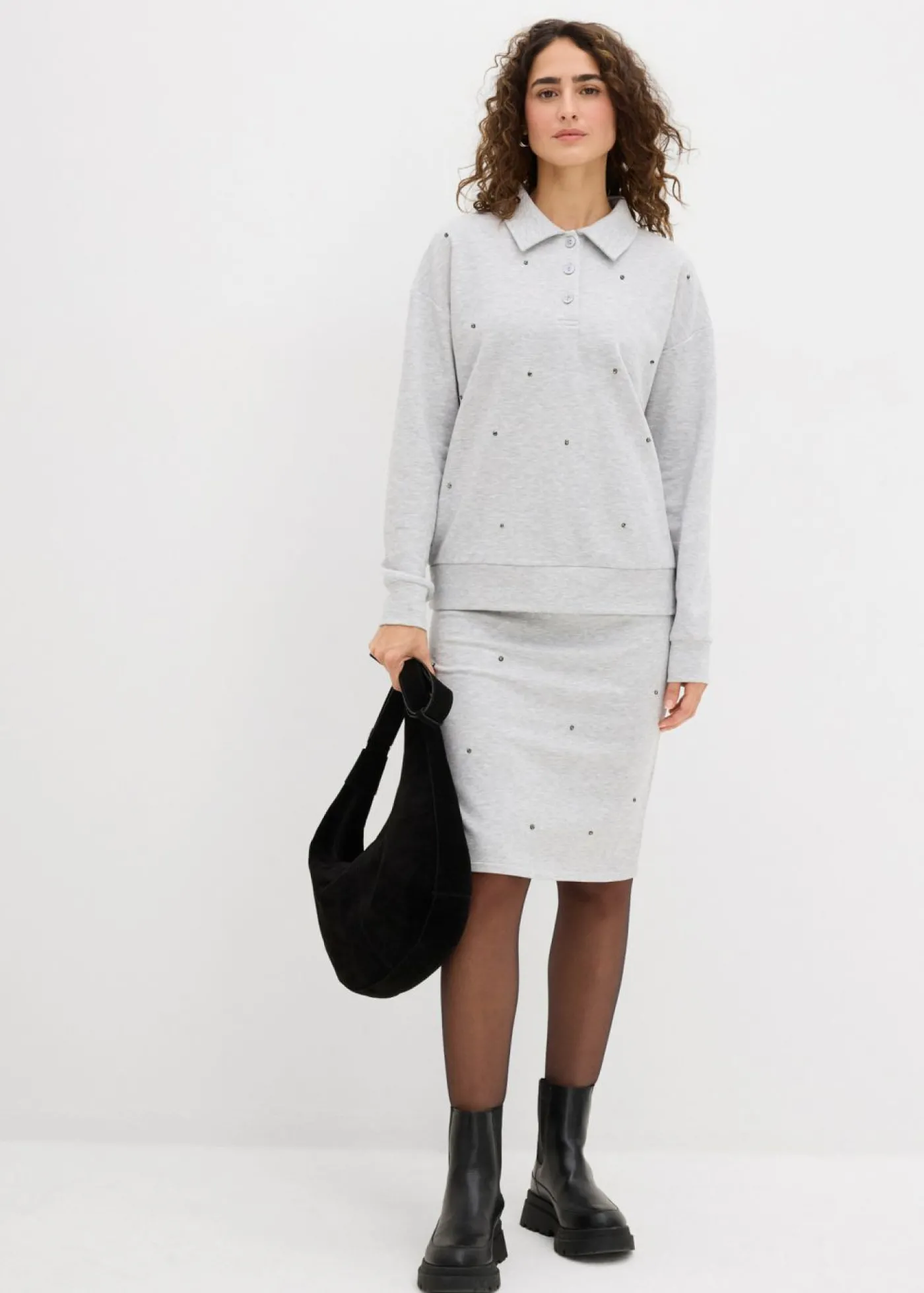 bonprix bonprix Falda de chándal con tachuelas Gris claro jaspeado Clearance