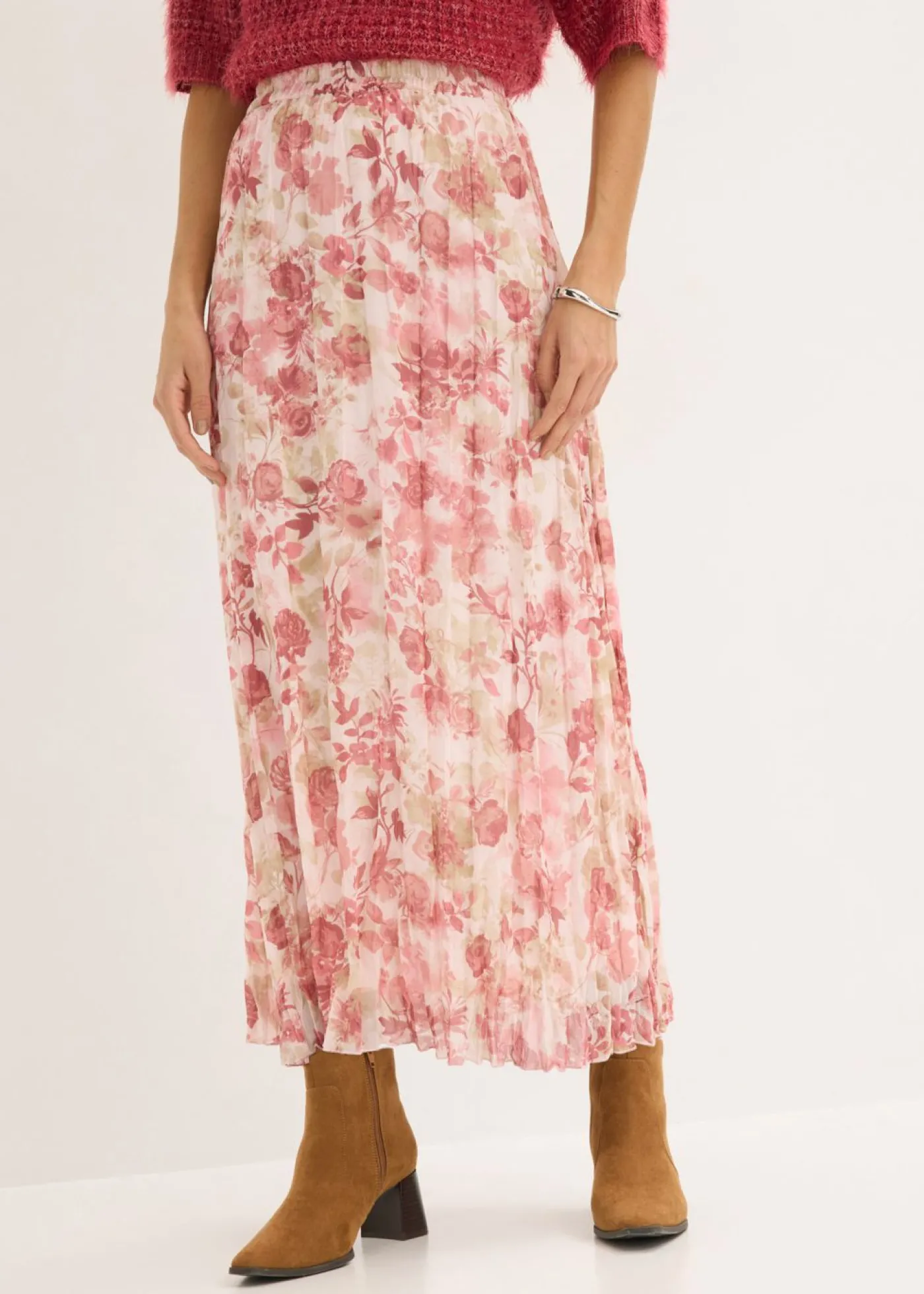 bonprix bonprix Falda de gasa con efecto arrugado rosa claro con flores Outlet