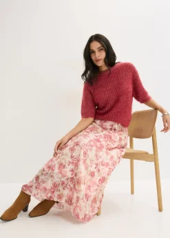 bonprix bonprix Falda de gasa con efecto arrugado rosa claro con flores Outlet