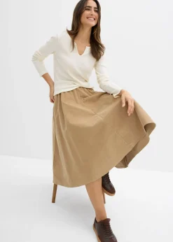 bonprix bonprix Falda de pana de mezcla de algodón Caqui claro Discount