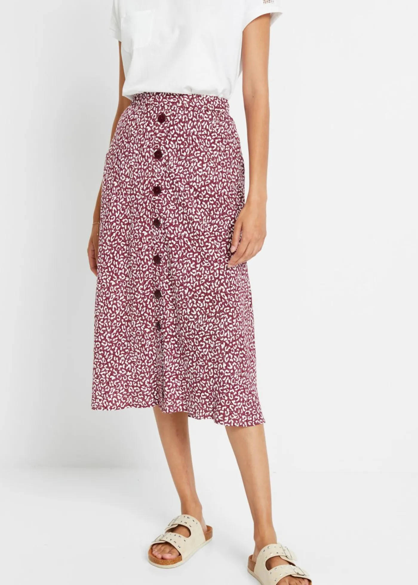 bonprix bonprix Falda de viscosa hasta la rodilla con bolsillos y cintura cómoda estampado leo mora oscuro/blanco Best
