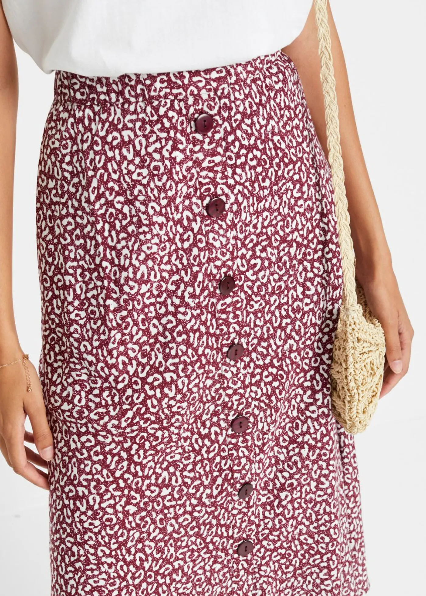 bonprix bonprix Falda de viscosa hasta la rodilla con bolsillos y cintura cómoda estampado leo mora oscuro/blanco Best