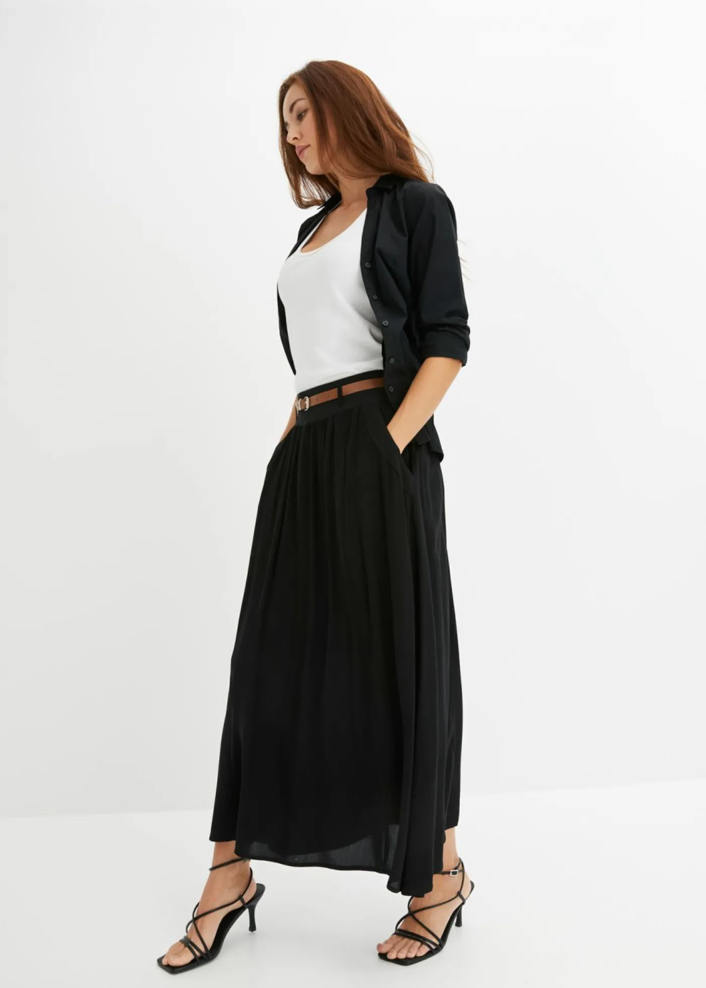 bonprix bonprix Falda larga con cinturón (2 piezas) Negro Outlet