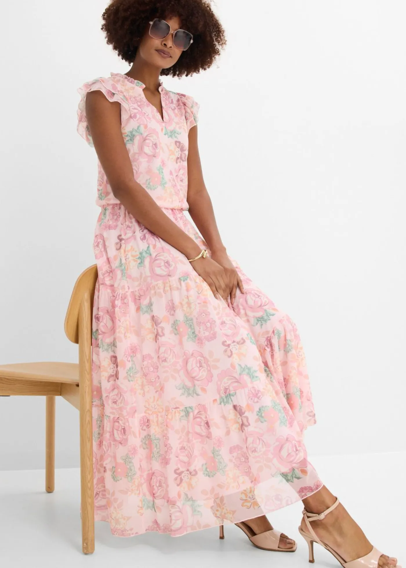 bonprix bonprix Falda larga de malla suave Rosa claro de flores Outlet
